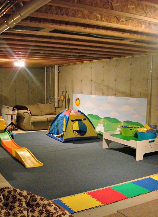 basement unfinished playroom play budget space garage basements ceiling decorating decor flooring momhomeguide bedrooms diy kid walls concrete fun rooms