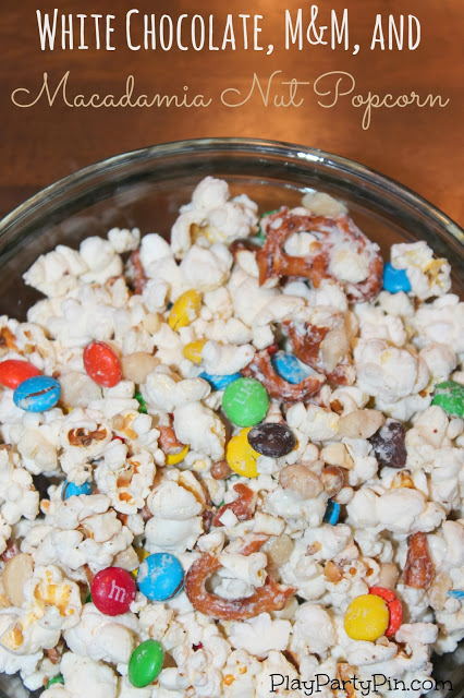 white chocolate, m&m, pretzel popcorn