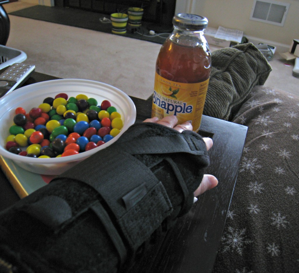 broken wrist, snapple, peanut, m&m