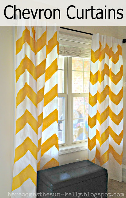yellow, white, chevron curtains, diy