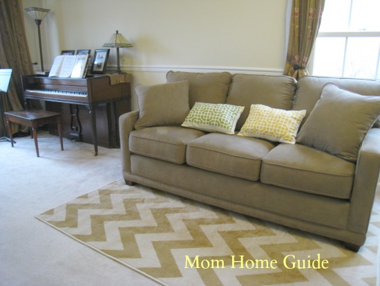 living room, piano, Mohawk Home rug, La-Z-Boy sofa