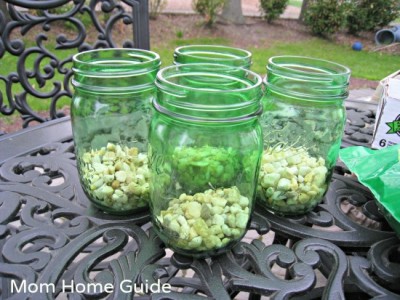 mason jar, planters, gravel