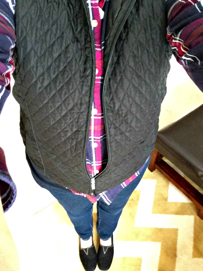 plaid shirt with vest and jeans