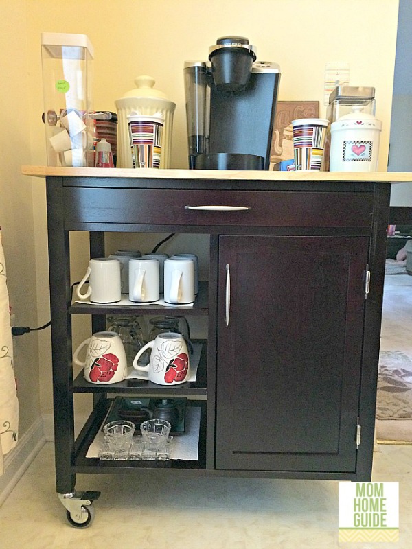 A kitchen cart can be used a very useful coffee and tea beverage station for the kitchen!