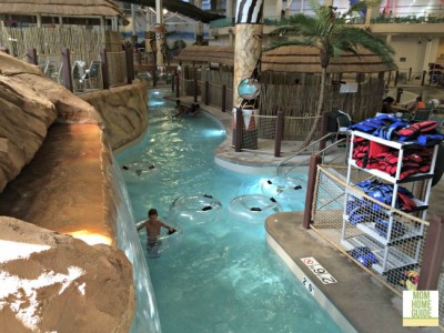 The lazy river at the waterpark in the new Kalahari waterpark is fun for kids and adults!