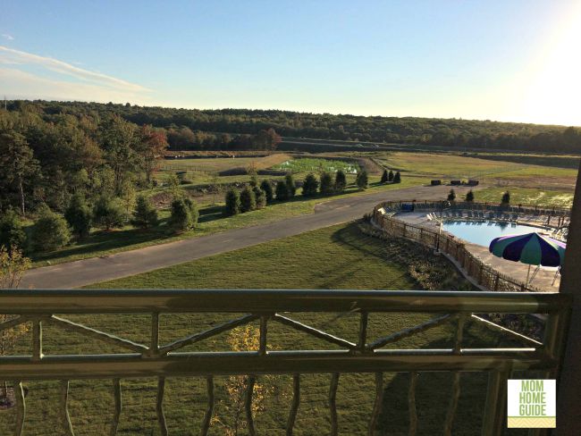 Balcony view of the countryside and pool from a Kalahari resort guest room