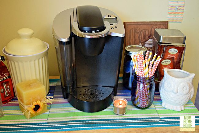 A beverage center stocked with apple cider K Cups, hot chocolate, coffee and tea is perfect for autumn!