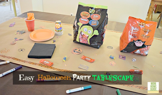 Create and easy Halloween tablescape with Kraft paper, Hershey's candy, magic markers, Halloween die-cuts and stencils!