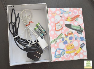 A decorated gift box is a great place to store various gear for electronics and cell phones!