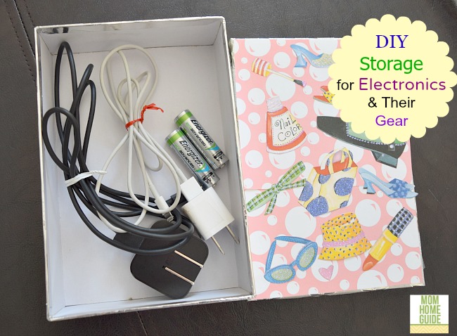 A decorated gift box makes great storage for storage of gear for cell phones and electronics