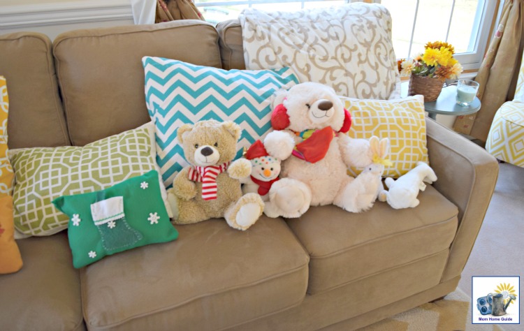 Christmas sofa with stuffed animals
