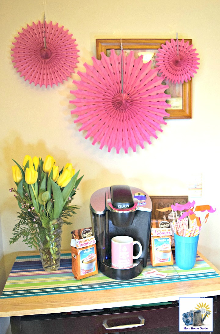 Kitchen cart stocked with Dunkin Donuts coffee for an awesome beverage center!