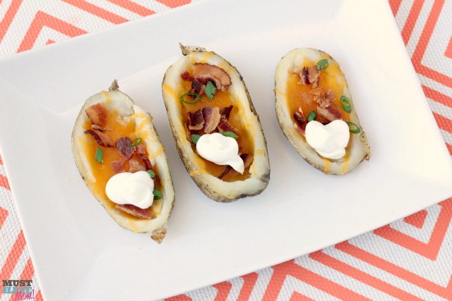 Recipe for loaded potato skins -- a great game day recipe for the super bowl!