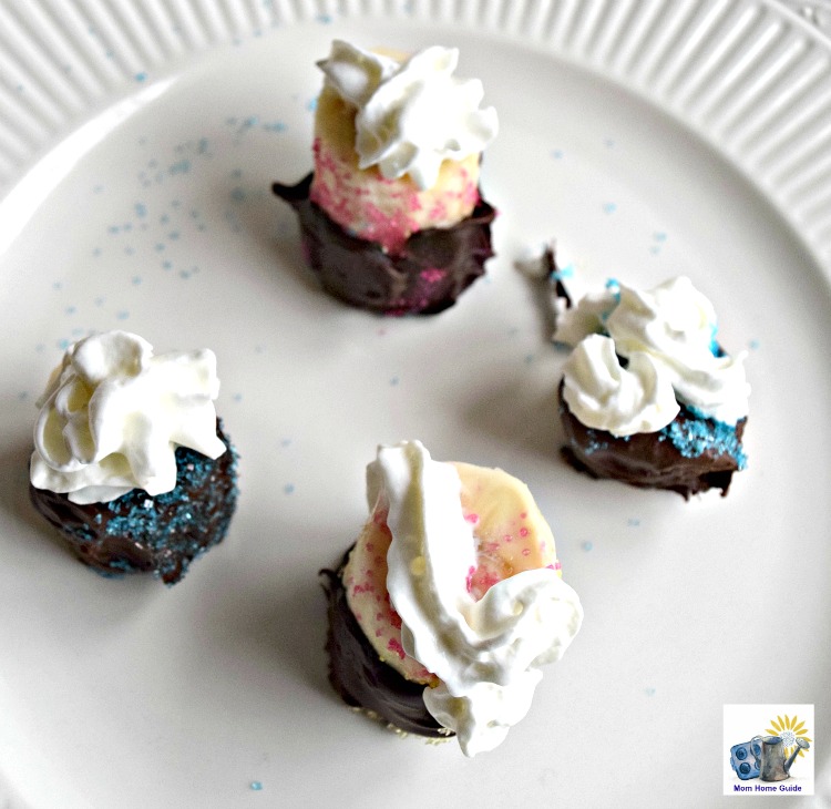 Easy to make banana bites with whipped cream, chocolate, colored sugar and sprinkles. These are a fun after-school treat!