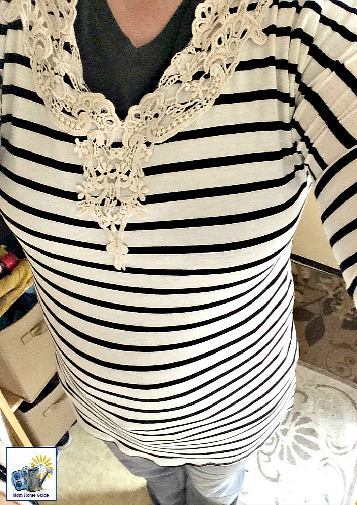 Black and white striped crochet neckline shirt from PinkBlush