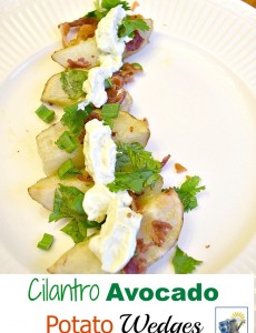 Recipe for baked potato wedges with bacon, pepper jack cheese, avocado, cilantro and scallion. The wedges are topped with avocado sour cream. Yum!