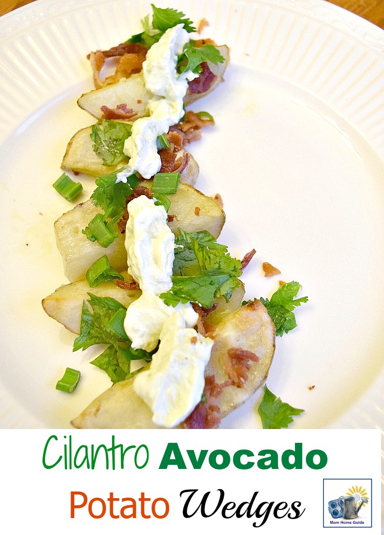 Recipe for baked potato wedges with bacon, pepper jack cheese, avocado, cilantro and scallion. The wedges are topped with avocado sour cream. Yum!