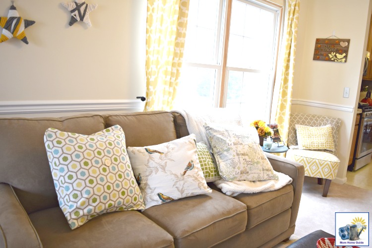 Spring living room with DIY pillows and curtains