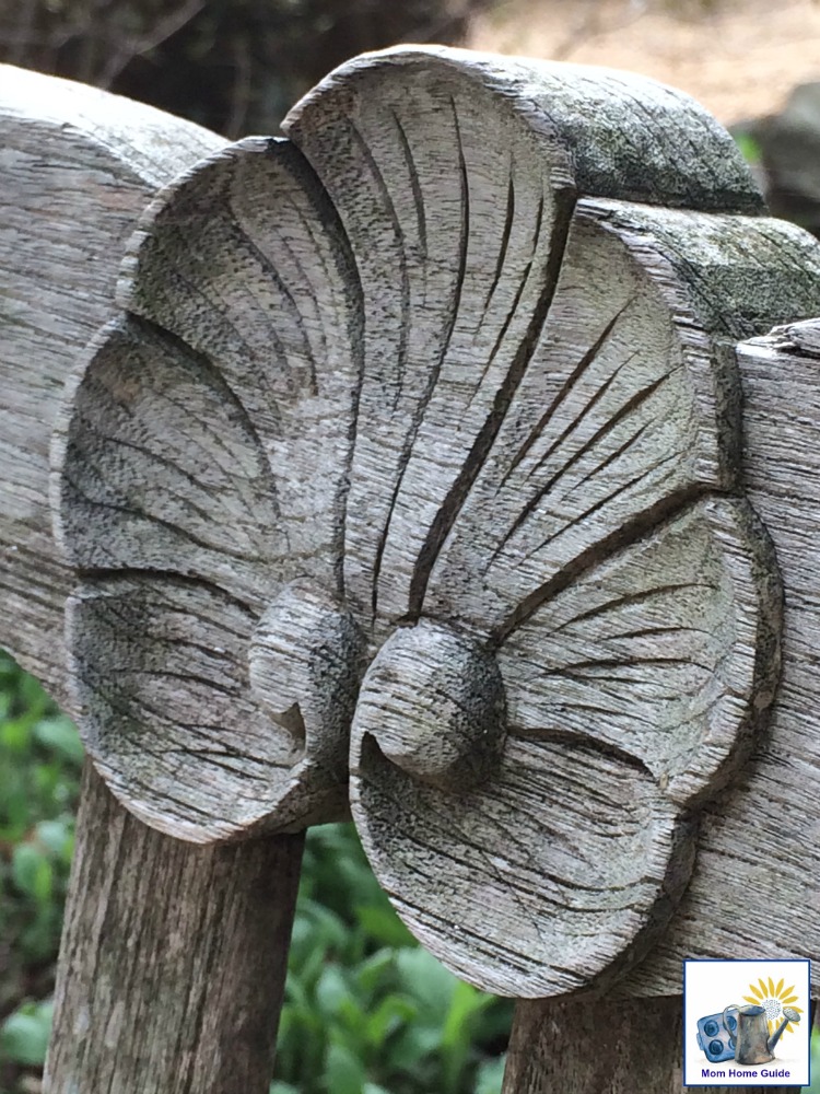 Detail on a bench in Sayen Gardens in Hamilton Township in Mercer County, NJ