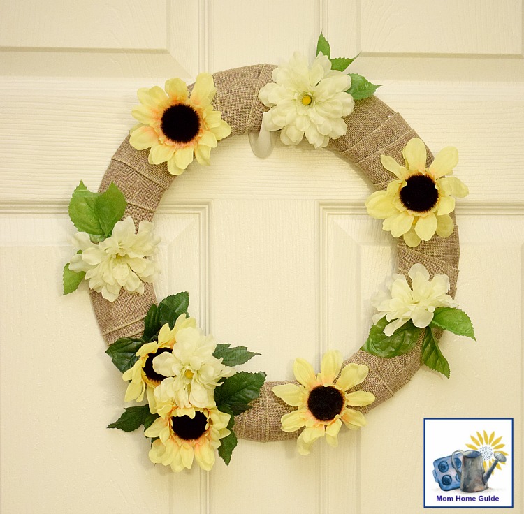 With pinned on faux flowers, this summer flower burlap wreath is easy to update come fall