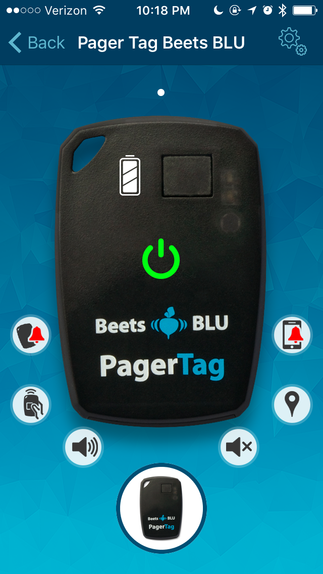 Beets Blue PagerTag Key Finder main screen -- this device and app is great for finding keys!