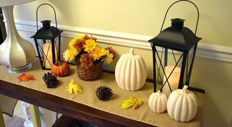 Fall console table decorated with decor from Oriental Trading