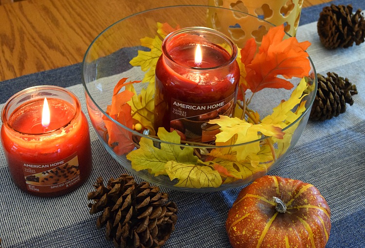 Lit American Home™ by Yankee Candles® in a beautiful fall kitchen table centerpiece