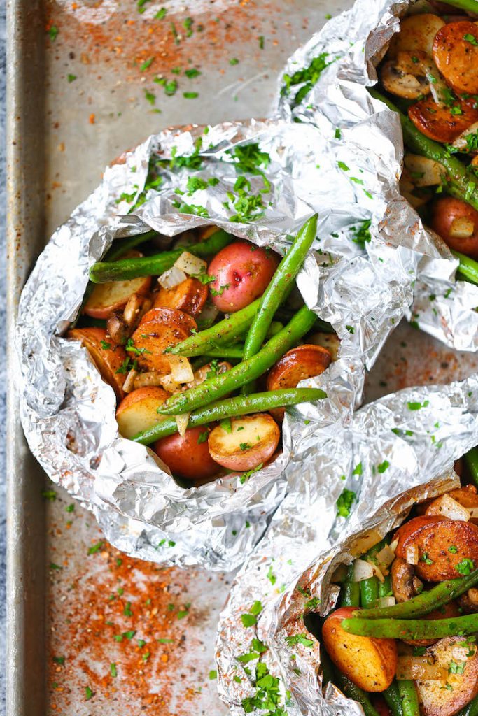 Sausage, potato and green beans foil packets