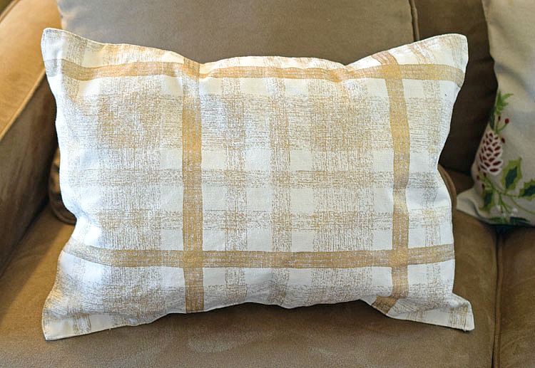 Gold and white plaid pillow made from a pillowcase