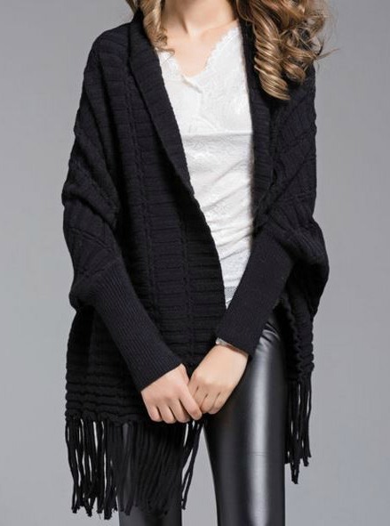 fringed black sweater