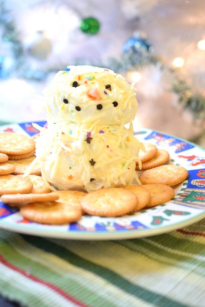 recipe for holiday snowman cheese ball platter