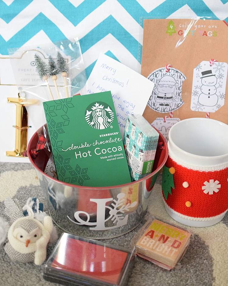 Mug, Starbucks hot cocoa, monogrammed tin, gifts tags to color, holiday stamp set, pack of tissues