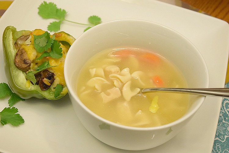 Healthy meal with Progresso Light Chicken Noodle Soup and stuffed peppers