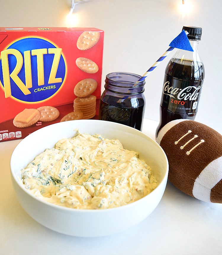 Homemade chipotle and spinach Greek yogurt dip with Coke Zero and RITZ Crackers for the big kickoff and football game party