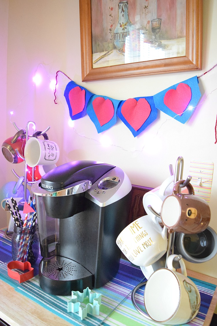 cute kitchen coffee cart with a a handmade felt Valentine's Day banner