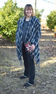 Fringed flannel shawl with black yoga pants and mules