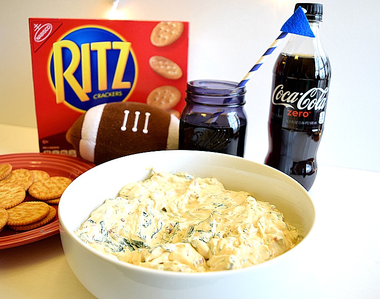 super bowl homemade chipotle pepper and spinach dip with RITZ Crackers and Coke Zero