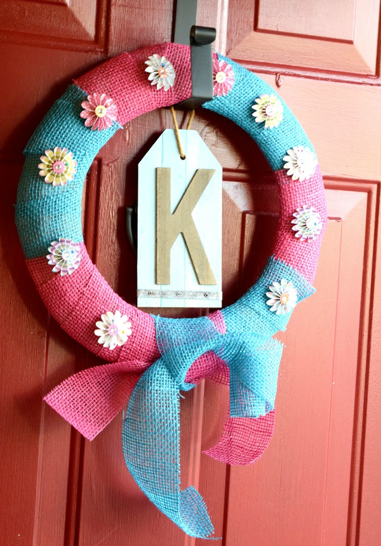 pink and blue burlap pinwheel wreath