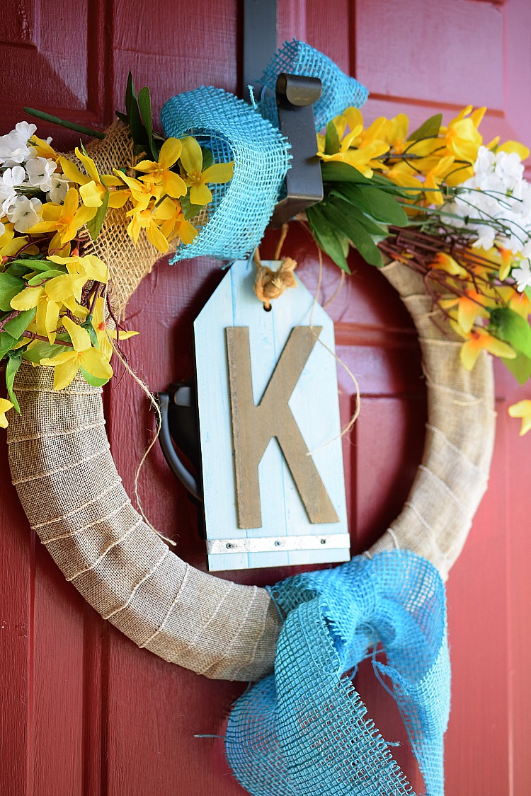 Yellow and blue spring forsythia floral dollar store wreath