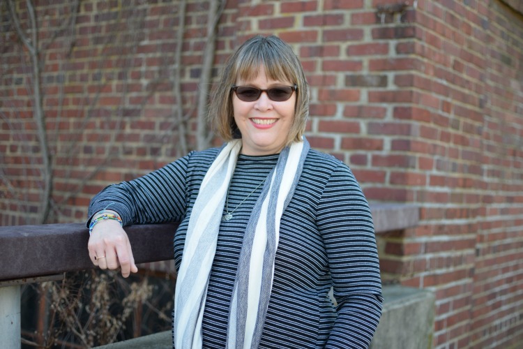 Navy and white striped shirt from Old Navy, blue and white scarf from The Gap and black yoga pants