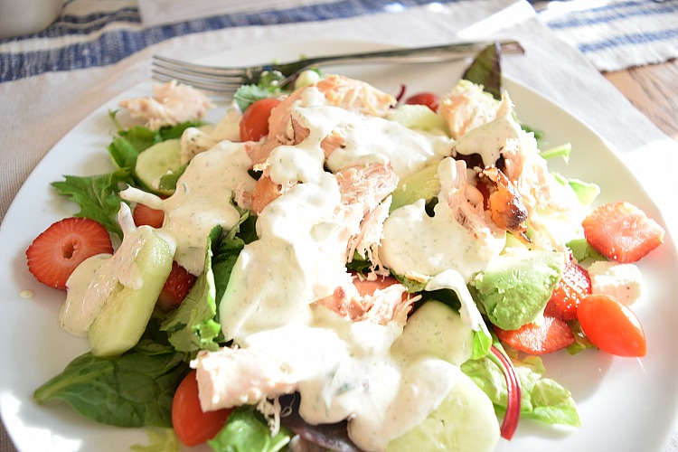 avocado, chicken, strawberry salad with green goddess dressing