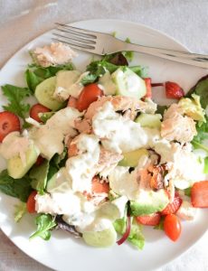 Chicken, avocado, strawberry salad with Green Goddess salad dressing recipe