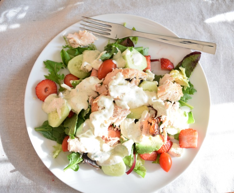 Chicken, avocado, strawberry salad with Green Goddess salad dressing recipe