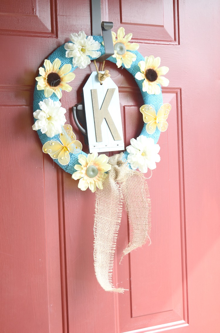 Simple and easy to make wreath with faux flowers and burlap