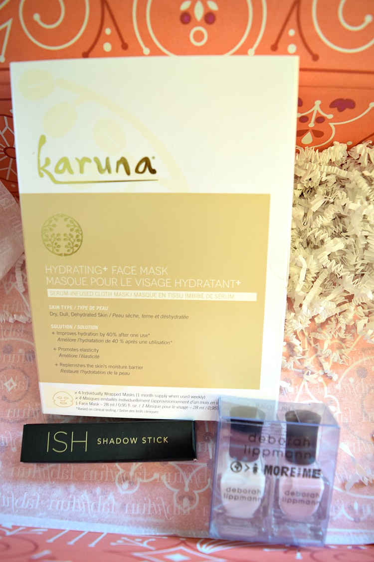 Karuna face mask, shadow stick and Deborah Lippmann nail polish