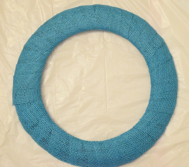 blue burlap wrapped metal wreath form