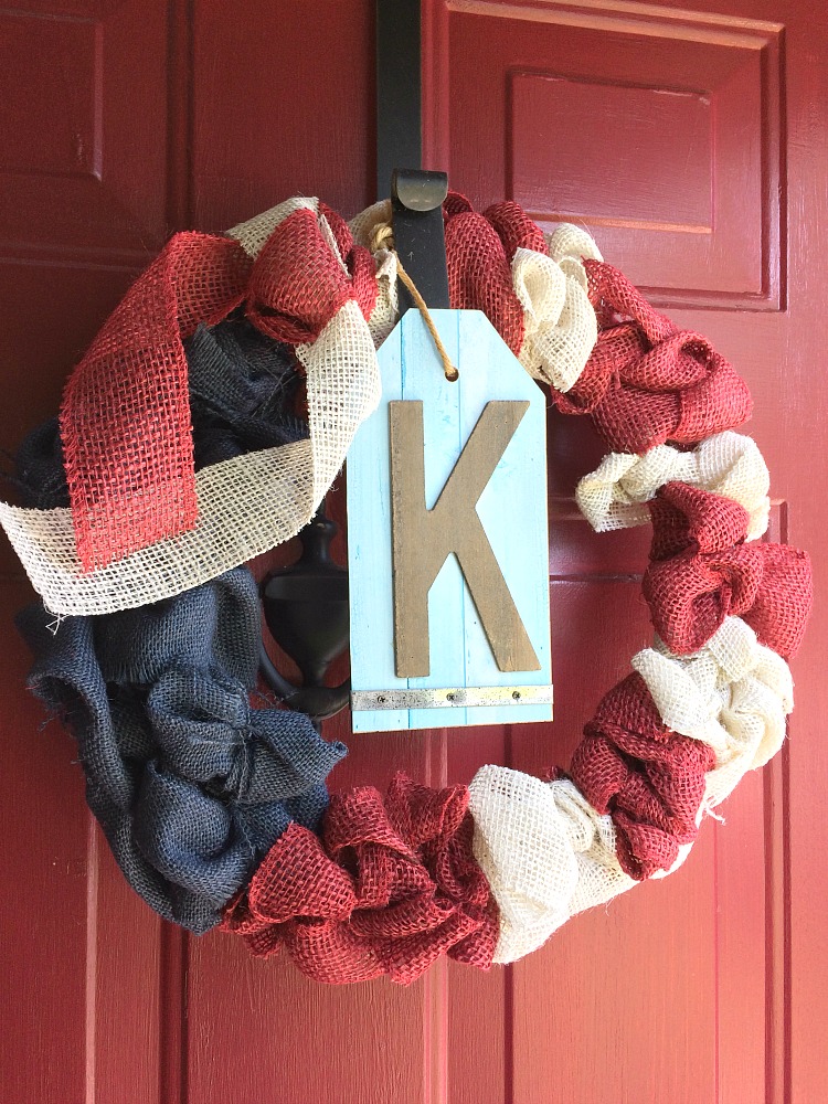 patriotic red, white and blue burlap bubble wreath