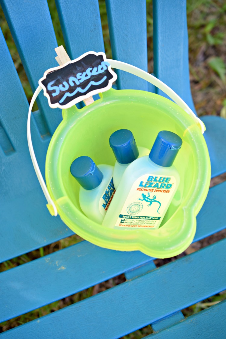 bucket for keeping Blue Lizard sunscreen handy while enjoying the sun in the backyard