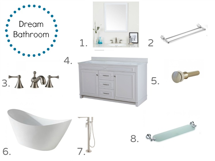 Vanity, free-standing tub, faucets, mirror and shelf for a dream bathroom from Maykke