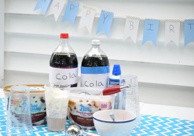 Ice cream soda bar and a DIY pennant made out of cardstock paper and washi tape.